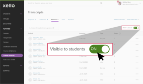 Transcripts page in Xello. Cursor is clicking on tab called Students with Transcripts